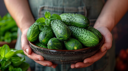 "Fresh Harvest of Cucumbers"
Hands gently holding a bowl of freshly picked, dew-kissed cucumbers, ready for the kitchen.