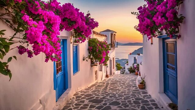 beautiful greece alley in morning with Bougainvillea flower tree in the alley, doll houses, wind blowing, ai generative, travel, stock video, travel videos, asmr, youtube, greece, calming nature, ai