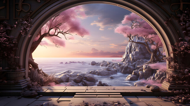 Enchanted doorway overlooking a serene ocean sunset: A gateway to a mystical world