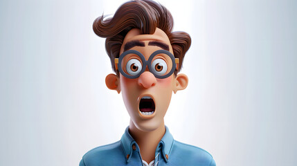Portrait of surprised shocked scared cartoon character adult man male person wearing casual blue shirt in 3d style design on light background. Human people feelings expression concept