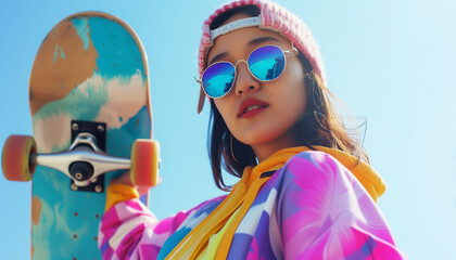 Young asian female skater in colorful clothes