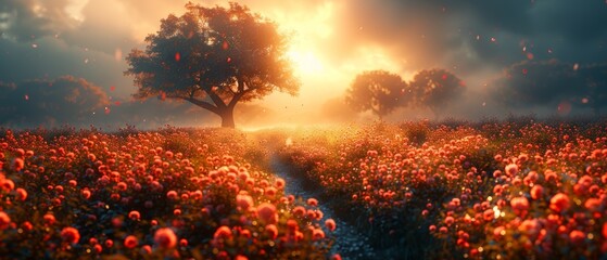 Photo background of rose field, trees, misty path and a mysterious glade in summer. A peaceful scene with an empty copy space. A road crosses hills to a fairy tale.