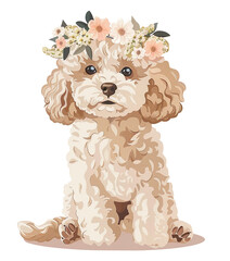 illustration of a cute beige poodle with a flower wreath on his head - 782191073