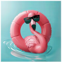 Pink flamingo pool float on calm water. Digital illustration with summer and vacation theme. - obrazy, fototapety, plakaty