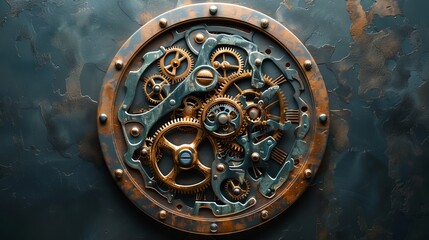 Illustration of a 3D clockwork mechanism over an aged copper plaque.