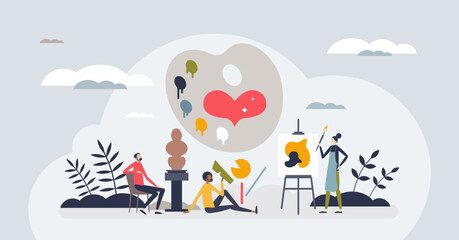 Art therapy as mental care method and mind treatment tiny person concept. Solve psychological conditions as depression, anxiety and stress vector illustration. Emotional problem help with painting.