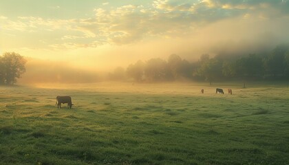 Cows grazing in a misty field at sunrise. Rustic and agricultural photography. Farm life and rural