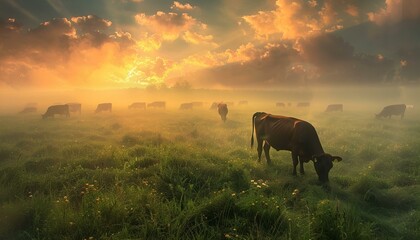 Cows grazing in a misty field at sunrise. Rustic and agricultural photography. Farm life and rural - obrazy, fototapety, plakaty