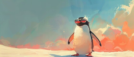 Penguin on tropical beach at sunset illustration. Quirky vacation and summer concept. - obrazy, fototapety, plakaty