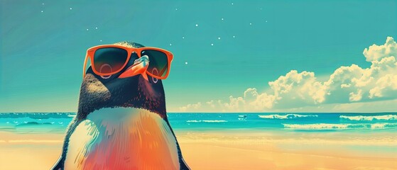 Penguin on tropical beach at sunset illustration. Quirky vacation and summer concept.