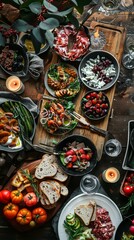 Assorted dishes on table for a gourmet feast. Food photography with a variety of cuisine.