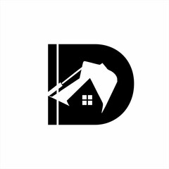 Letter D logo design with excavator digging tool and house symbol in negative space.