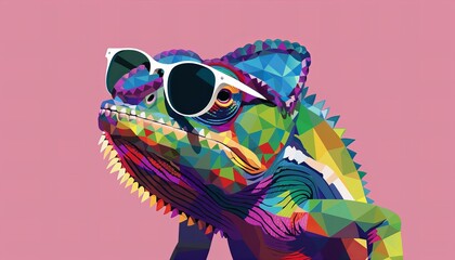 Stylized chameleon with sunglasses on a geometric background.