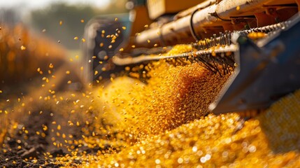 Close-up of a yellow grain being loaded onto a truck from a mechanical harvester