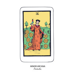 Tarot card vector deck . Minor Arcana Pentacles . Occult esoteric spiritual Tarot. Isolated colored hand drawn illustrations

