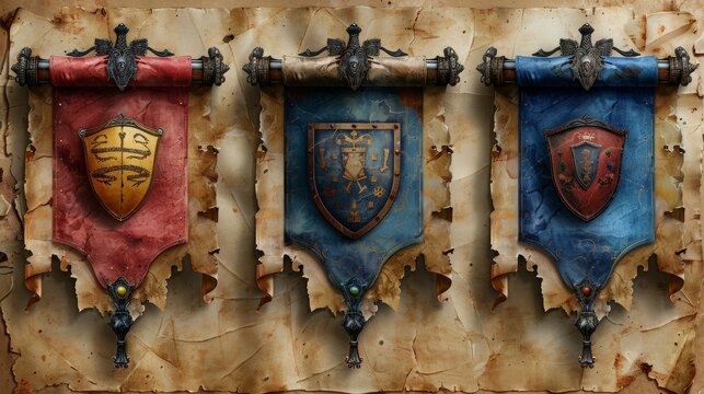 Old paper banners with heraldic shields and crests