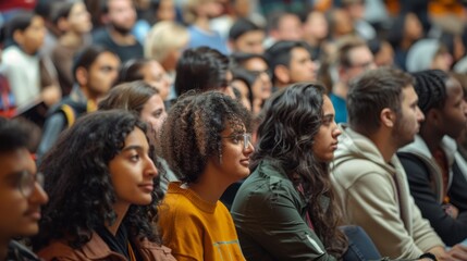 Crowd of individuals sitting and engaging in a lecture, showing diverse expressions and gestures