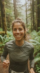 Female trail runner in a forest landscape. Energetic and healthy lifestyle photograph outdoor sports