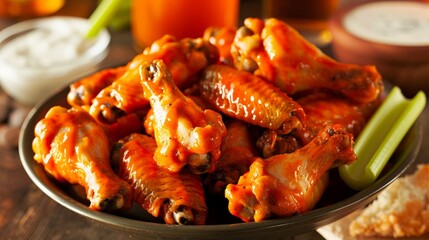 A bowl filled with classic spicy Buffalo chicken wings and celery, showcasing the crispy texture and vibrant colors