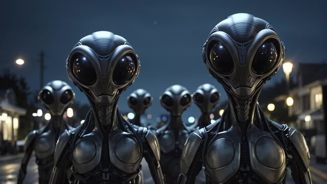 Bug eyed aliens walking through small town
