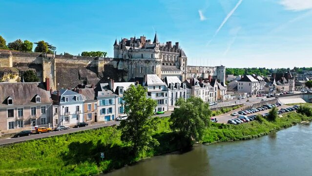 Aerial view of a former medieval fortress built on a rocky spur overlooking the River Loire and the town of Amboise. Gothic and Renaissance castle The Royal Château of Amboise in France. 