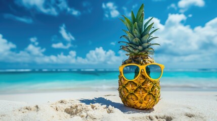 Pineapple with sunglasses on the beach of tropical sea or ocean against blue water and sky with space for copy - obrazy, fototapety, plakaty