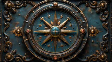 Fototapeta na wymiar Beautiful 3D illustration of a fantasy compass on an ornate steampunk metal frame