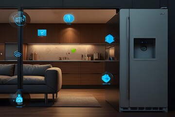 Showcase the power of the Internet of Things with a visually stunning image of a smart home filled with various connected devices and appliances AI, such as smart refrigerators, coffee makers, and ove