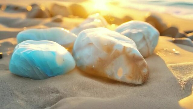 A group of rocks on a beach with the sun shining on them 4K motion