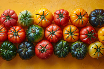 A colorful array of heirloom tomatoes on a sunny yellow background, celebrating the diversity of nature's bounty