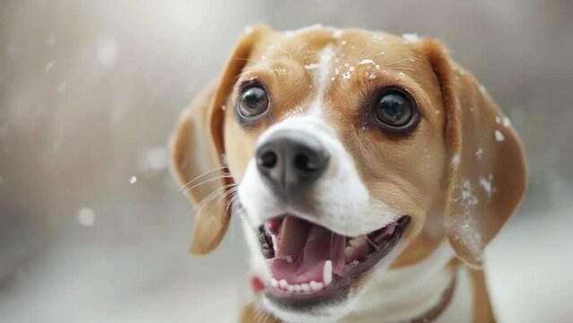 A dog is smiling and has its mouth open, showing its teeth. The dog is in the snow, and the snowflakes are falling around it 4K motion