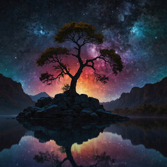 Starry Night Reflection: Tree Silhouette in Tranquil Lake Landscape