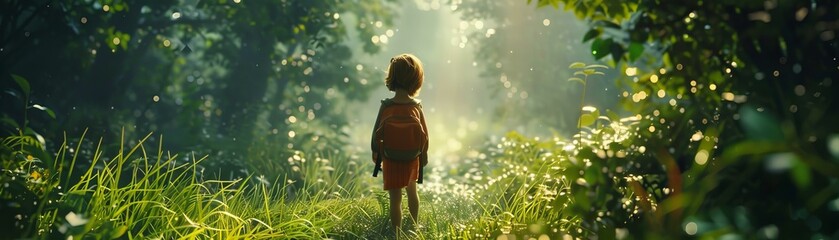 Child exploring a mystical forest at dawn. Adventure and discovery concept photography with a focus