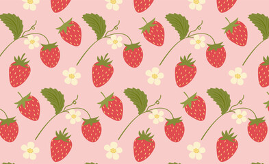 Juicy strawberry seamless pattern with berries, flowers and leaves in hand drawn style