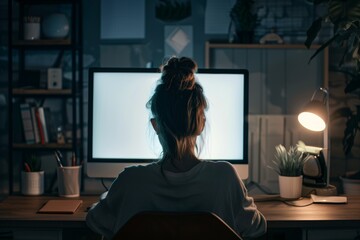 Display mockup from a shoulder angle of a girl in front of a computer with an entirely grey screen - obrazy, fototapety, plakaty