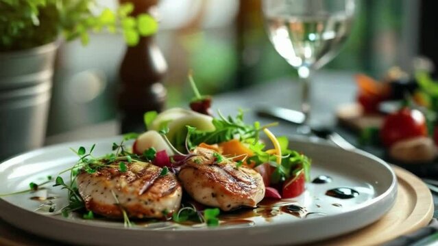 A plate of food with a salad and a glass of wine 4K motion