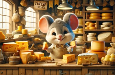 a delightful cartoon mouse operating a small cheese kiosk