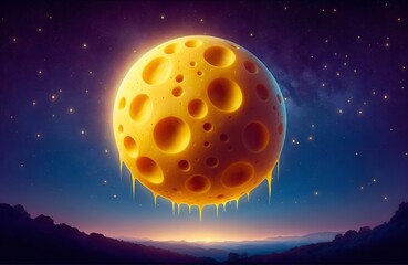 moon whimsically transformed into a vibrant yellow cheese - obrazy, fototapety, plakaty