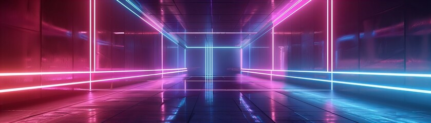 Vibrant neon light tunnel with a perspective view. Abstract modern art and futuristic design concept
