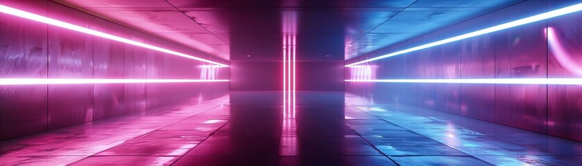 Vibrant neon light tunnel with a perspective view. Abstract modern art and futuristic design concept