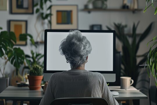 Ui mockup through a shoulder view of a senior woman in front of a computer with an entirely grey screen