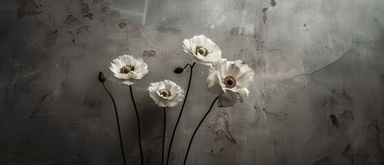 Delicate white flowers on dark moody background. Macro photography with floral spring theme.