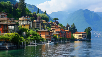 Fototapeta na wymiar Tranquil lakeside town with colorful houses and lush green mountains. Wallpaper background. Generative AI