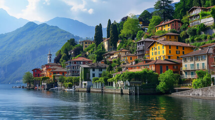 Tranquil lakeside town with colorful houses and lush green mountains. Wallpaper background. ...