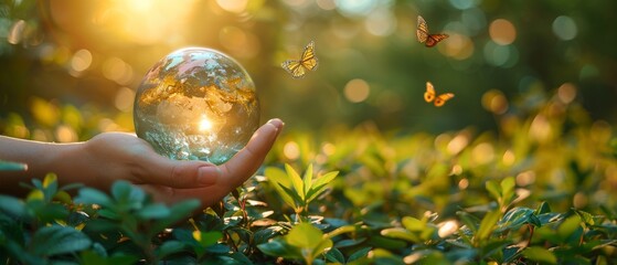 Earth crystal glass globe in human hand with flying peacock eye butterflies on grass background....