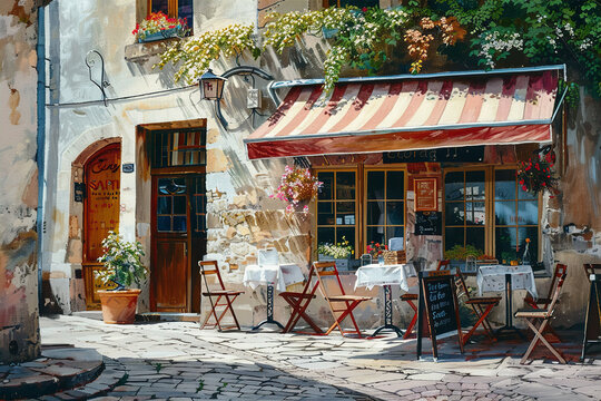 A painting of a restaurant with a red and white striped awning - Powered by Adobe