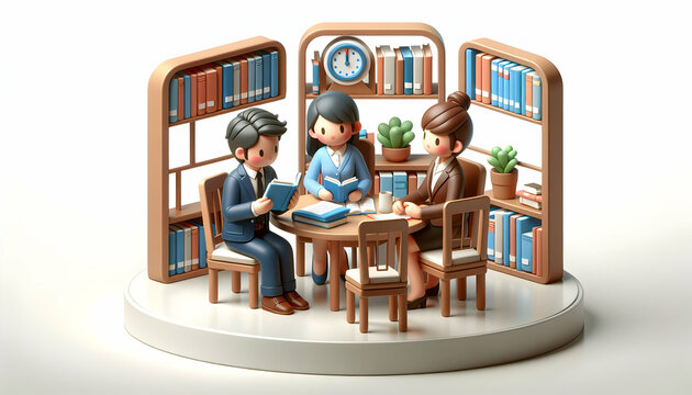 3D Icon: Literary Circle English Teacher Engaging in Candid Book Club Discussion in Library - Daily Routine Theme with Isolated White Background