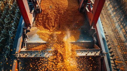 A combine harvester in action, harvesting corn in a field. Corn seeds spilling from the chute onto the ground
