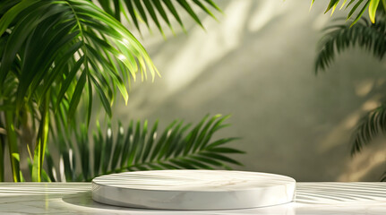 Elegant white circular podium on a marble floor with tropical plant shadows. Empty podium or stage for product presentations. Generative AI - obrazy, fototapety, plakaty