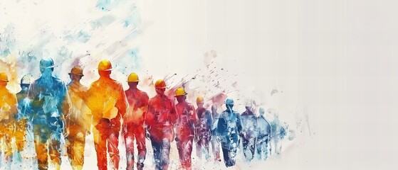 Watercolor painting of construction workers in colorful silhouettes. Labor Day concept